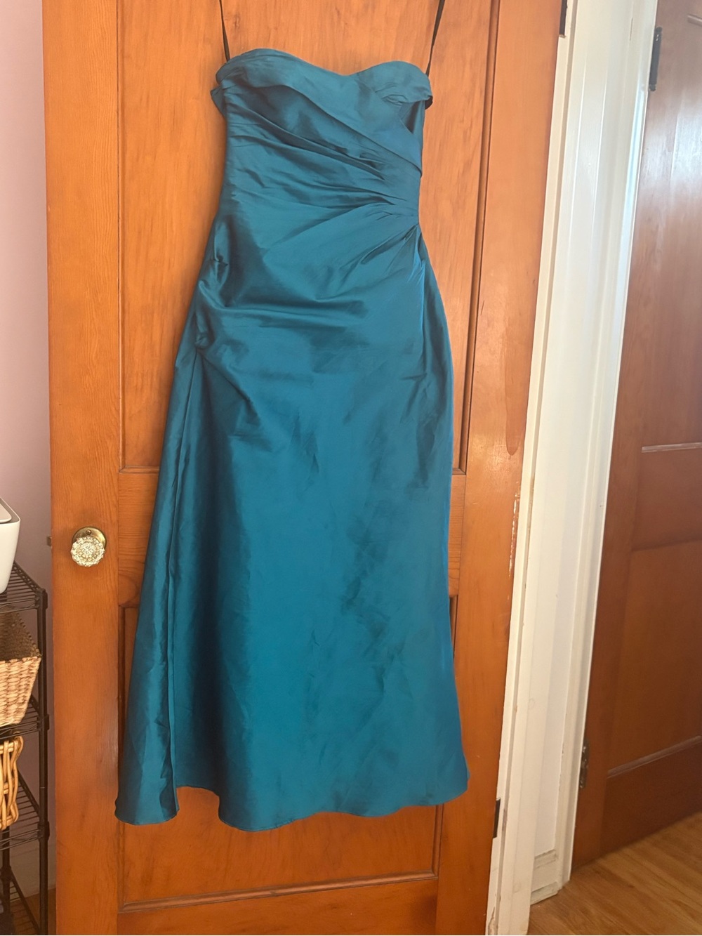 Vintage 90s Y2K Jim Hjelm Occasions Teal Satin Strapless Formal Gown Size 2